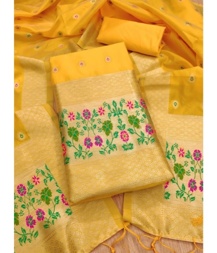 Women's Banarasi Silk Printed Unstitched Salwar Suit Material With Dupatta (Yellow, 3Mtrs)