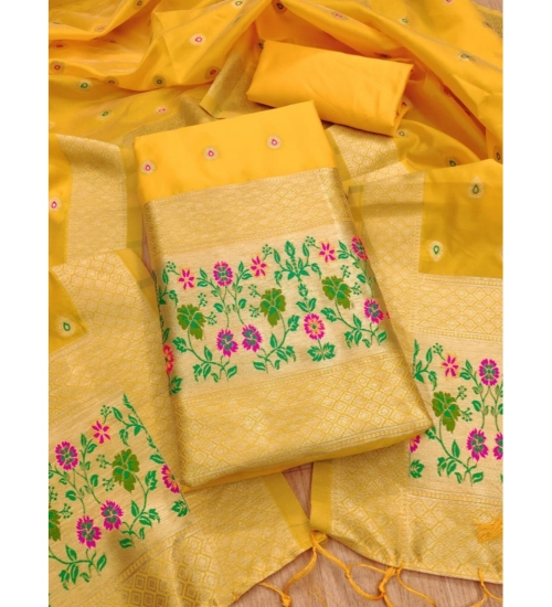 Women's Banarasi Silk Printed Unstitched Salwar Suit Material With Dupatta (Yellow, 3Mtrs)
