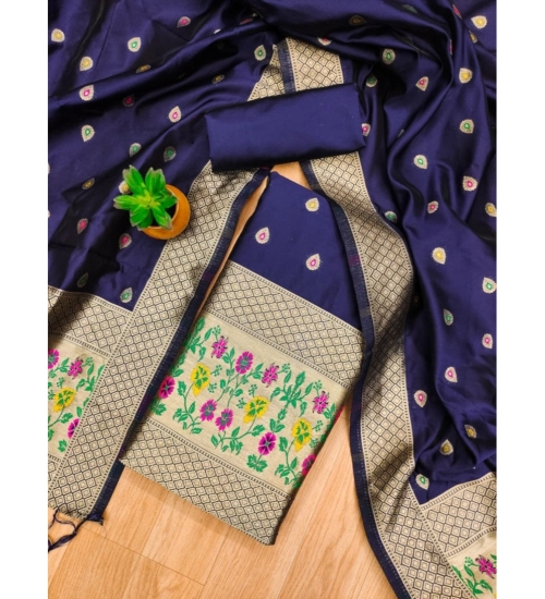 Women's Banarasi Silk Printed Unstitched Salwar Suit Material With Dupatta (Navy Blue, 3Mtrs)