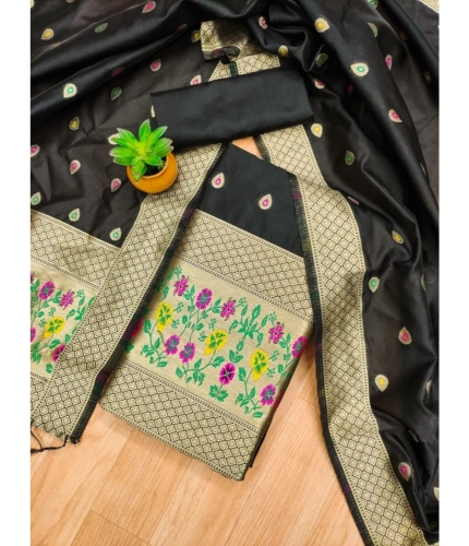 Women's Banarasi Silk Printed Unstitched Salwar Suit Material With Dupatta (Black, 3Mtrs)