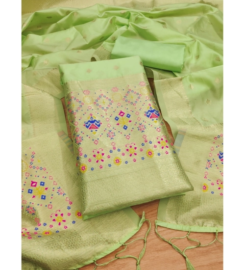 Women's Banarasi Silk Printed Unstitched Salwar Suit Material With Dupatta (Pista, 3Mtrs)