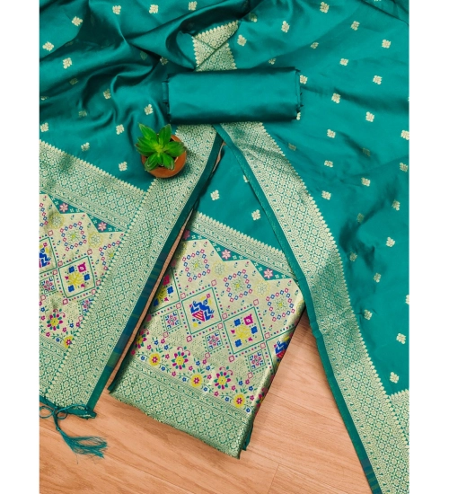 Women's Banarasi Silk Printed Unstitched Salwar Suit Material With Dupatta (Rama, 3Mtrs)