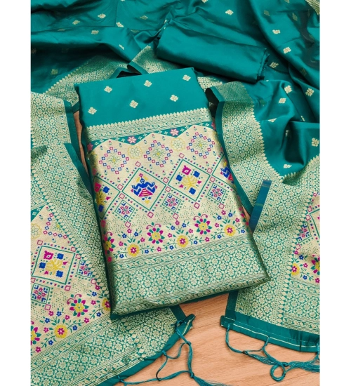 Women's Banarasi Silk Printed Unstitched Salwar Suit Material With Dupatta (Rama, 3Mtrs)