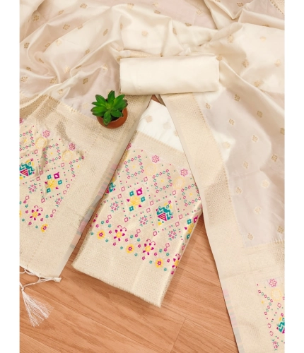 Women's Banarasi Silk Printed Unstitched Salwar Suit Material With Dupatta (White, 3Mtrs)