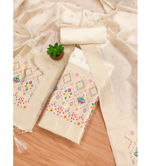 Women's Banarasi Silk Printed Unstitched Salwar Suit Material With Dupatta (White, 3Mtrs) Women's Banarasi Silk Printed Unstitched Salwar Suit Material With Dupatta (White, 3Mtrs)