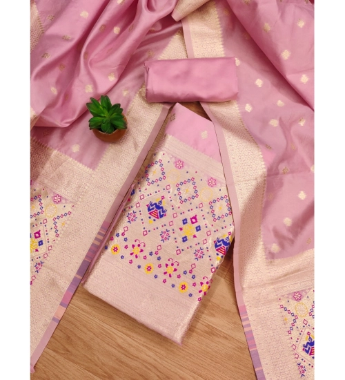 Women's Banarasi Silk Printed Unstitched Salwar Suit Material With Dupatta (Light Pink, 3Mtrs)