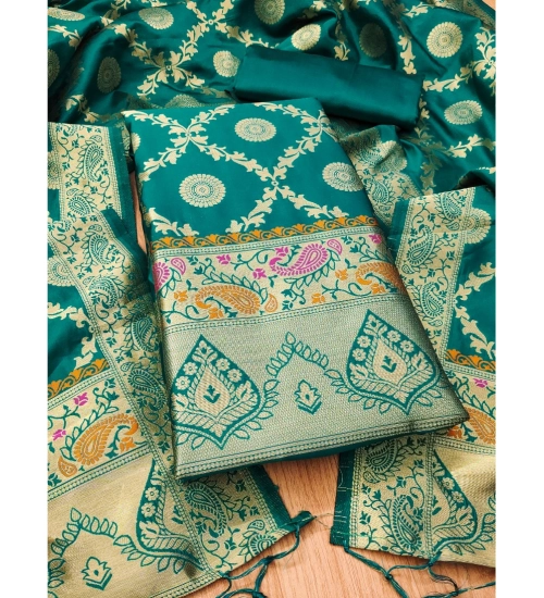 Women's Banarasi Silk Printed Unstitched Salwar Suit Material With Dupatta (Rama, 3Mtrs)