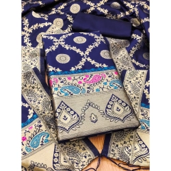 Women's Banarasi Silk Printed Unstitched Salwar Suit Material With Dupatta (Navy Blue, 3Mtrs)