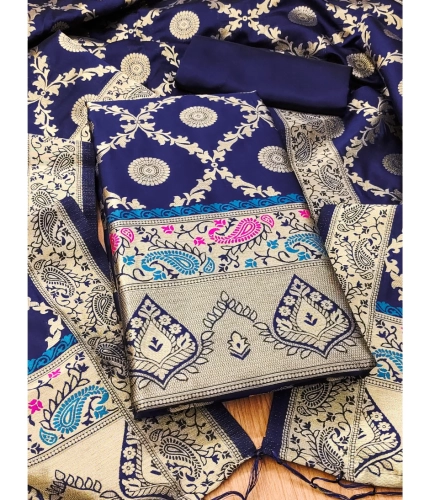 Women's Banarasi Silk Printed Unstitched Salwar Suit Material With Dupatta (Navy Blue, 3Mtrs)