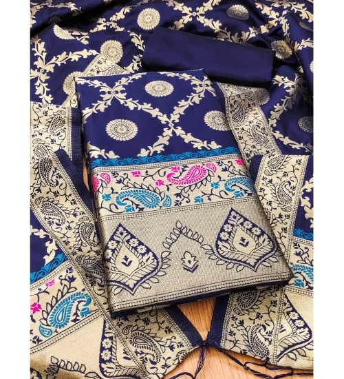 Women's Banarasi Silk Printed Unstitched Salwar Suit Material With Dupatta (Navy Blue, 3Mtrs)
