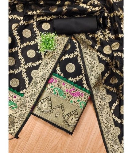 Women's Banarasi Silk Printed Unstitched Salwar Suit Material With Dupatta (Black, 3Mtrs)