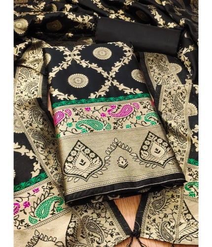 Women's Banarasi Silk Printed Unstitched Salwar Suit Material With Dupatta (Black, 3Mtrs)
