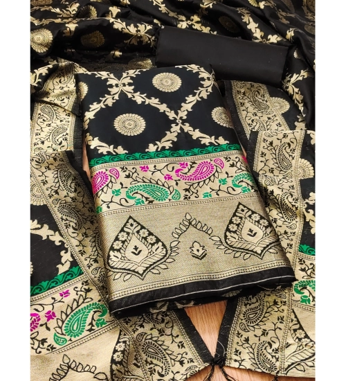 Women's Banarasi Silk Printed Unstitched Salwar Suit Material With Dupatta (Black, 3Mtrs)