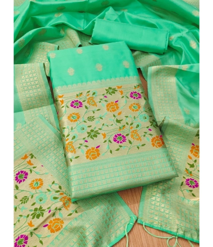 Women's Banarasi Silk Printed Unstitched Salwar Suit Material With Dupatta (Sea Green, 3Mtrs)