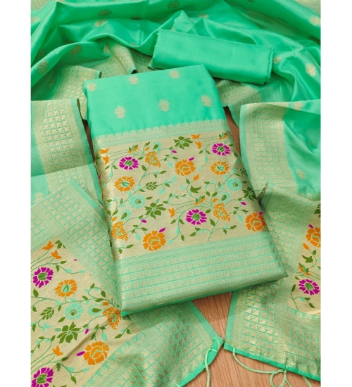 Women's Banarasi Silk Printed Unstitched Salwar Suit Material With Dupatta (Sea Green, 3Mtrs)