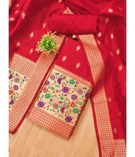 Women's Banarasi Silk Printed Unstitched Salwar Suit Material With Dupatta (Red, 3Mtrs)