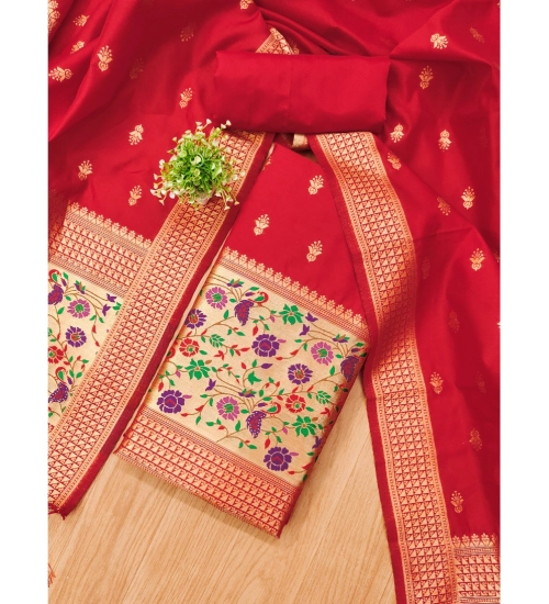 Women's Banarasi Silk Printed Unstitched Salwar Suit Material With Dupatta (Red, 3Mtrs)