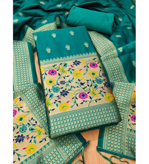 Women's Banarasi Silk Printed Unstitched Salwar Suit Material With Dupatta (Rama, 3Mtrs)