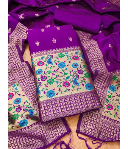 Women's Banarasi Silk Printed Unstitched Salwar Suit Material With Dupatta (Purple, 3Mtrs)