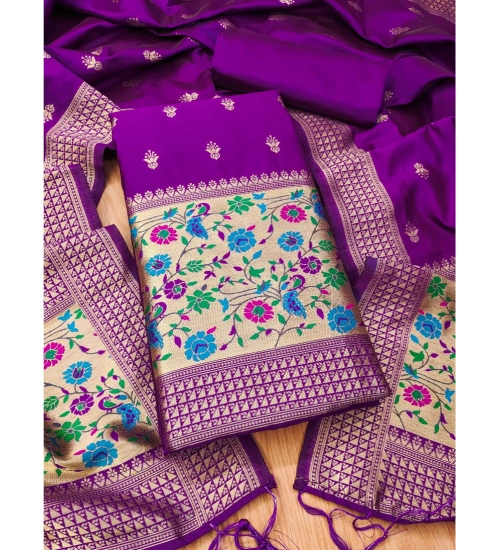 Women's Banarasi Silk Printed Unstitched Salwar Suit Material With Dupatta (Purple, 3Mtrs)