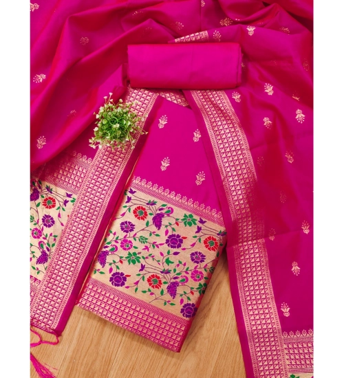 Women's Banarasi Silk Printed Unstitched Salwar Suit Material With Dupatta (Pink, 3Mtrs)
