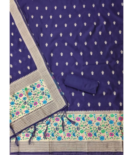 Women's Banarasi Silk Printed Unstitched Salwar Suit Material With Dupatta (Navy Blue, 3Mtrs)