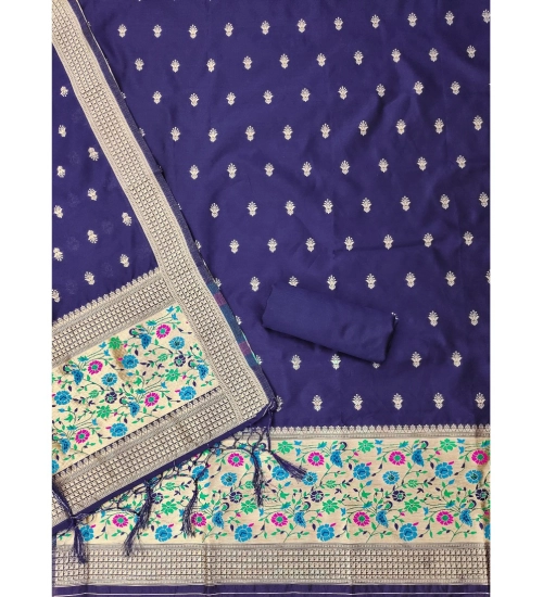 Women's Banarasi Silk Printed Unstitched Salwar Suit Material With Dupatta (Navy Blue, 3Mtrs)