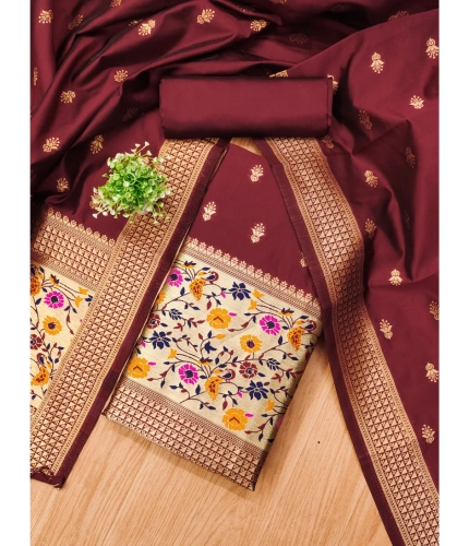 Women's Banarasi Silk Printed Unstitched Salwar Suit Material With Dupatta (Maroon, 3Mtrs)