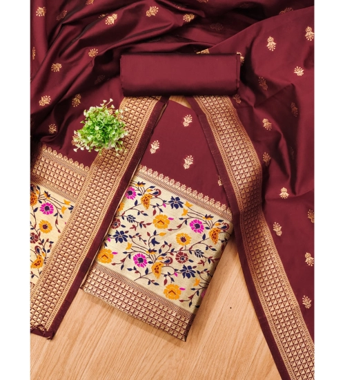 Women's Banarasi Silk Printed Unstitched Salwar Suit Material With Dupatta (Maroon, 3Mtrs)