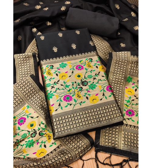 Women's Banarasi Silk Printed Unstitched Salwar Suit Material With Dupatta (Black, 3Mtrs)