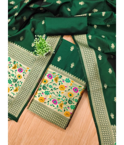 Women's Banarasi Silk Printed Unstitched Salwar Suit Material With Dupatta (Bottle Green, 3Mtrs)