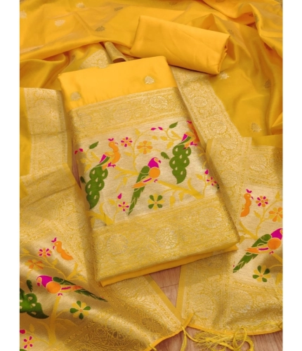 Women's Banarasi Silk Printed Unstitched Salwar Suit Material With Dupatta (Yellow, 3Mtrs)