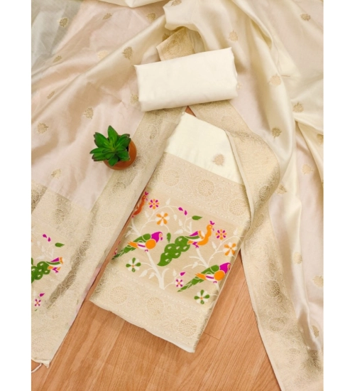 Women's Banarasi Silk Printed Unstitched Salwar Suit Material With Dupatta (White, 3Mtrs) Women's Banarasi Silk Printed Unstitched Salwar Suit Material With Dupatta (White, 3Mtrs)
