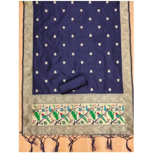 Generic Women's Banarasi Silk Printed Unstitched Salwar Suit Material With Dupatta (Navy Blue, 3Mtrs)