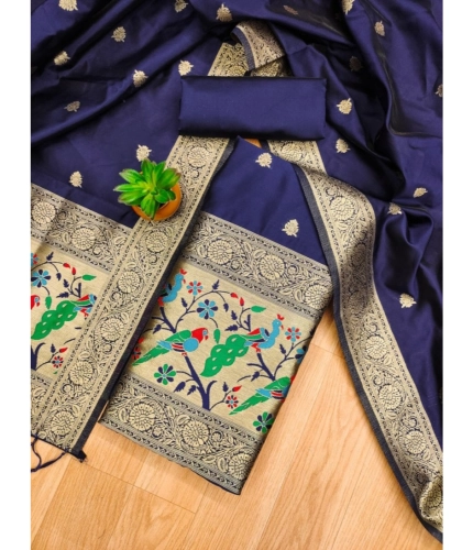 Women's Banarasi Silk Printed Unstitched Salwar Suit Material With Dupatta (Navy Blue, 3Mtrs)