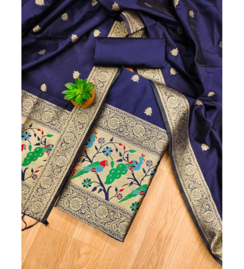 Women's Banarasi Silk Printed Unstitched Salwar Suit Material With Dupatta (Navy Blue, 3Mtrs)