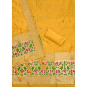 Generic Women's Banarasi Silk Printed Unstitched Salwar Suit Material With Dupatta (Yellow, 3Mtrs)