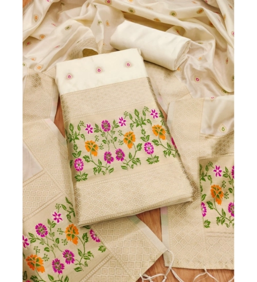 Women's Banarasi Silk Printed Unstitched Salwar Suit Material With Dupatta (White, 3Mtrs)