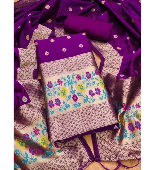 Women's Banarasi Silk Printed Unstitched Salwar Suit Material With Dupatta (Purple, 3Mtrs)