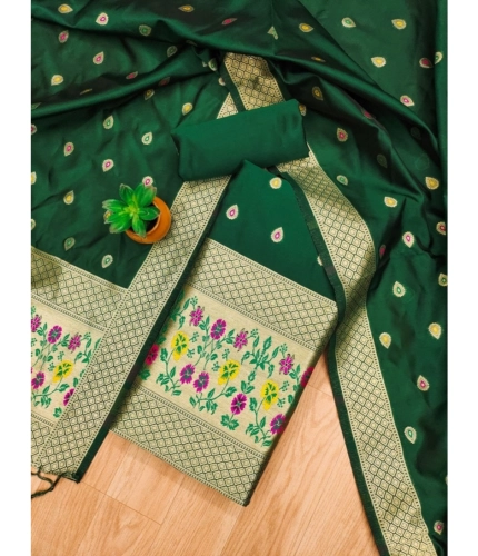 Women's Banarasi Silk Printed Unstitched Salwar Suit Material With Dupatta (Bottle Green, 3Mtrs)