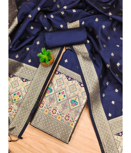 Women's Banarasi Silk Printed Unstitched Salwar Suit Material With Dupatta (Navy Blue, 3Mtrs)