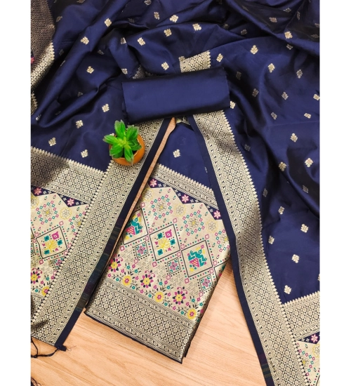 Women's Banarasi Silk Printed Unstitched Salwar Suit Material With Dupatta (Navy Blue, 3Mtrs)