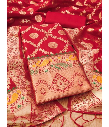 Women's Banarasi Silk Printed Unstitched Salwar Suit Material With Dupatta (Red, 3Mtrs)