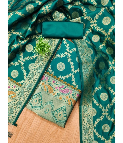Women's Banarasi Silk Printed Unstitched Salwar Suit Material With Dupatta (Rama, 3Mtrs)