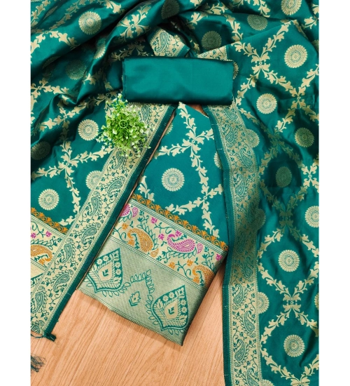 Women's Banarasi Silk Printed Unstitched Salwar Suit Material With Dupatta (Rama, 3Mtrs)