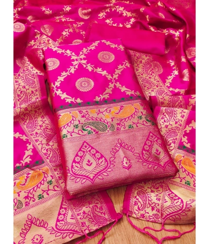 Women's Banarasi Silk Printed Unstitched Salwar Suit Material With Dupatta (Pink, 3Mtrs)