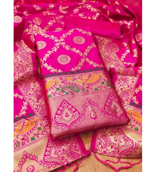 Women's Banarasi Silk Printed Unstitched Salwar Suit Material With Dupatta (Pink, 3Mtrs)