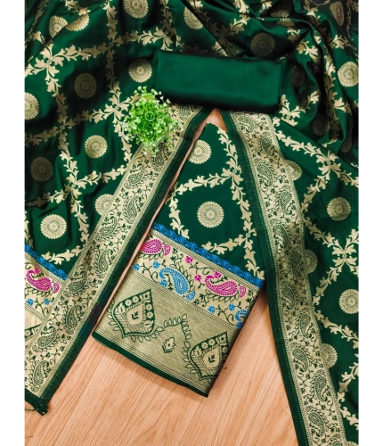 Women's Banarasi Silk Printed Unstitched Salwar Suit Material With Dupatta (Bottle Green, 3Mtrs)