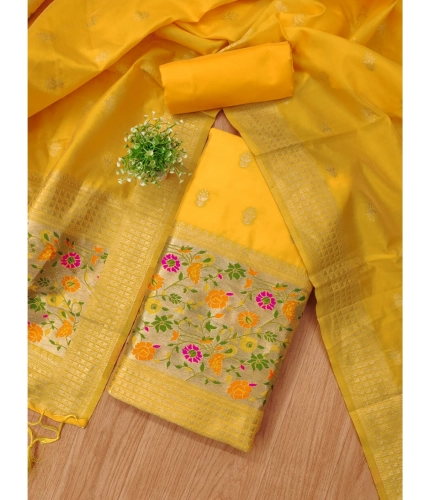 Women's Banarasi Silk Printed Unstitched Salwar Suit Material With Dupatta (Yellow, 3Mtrs)