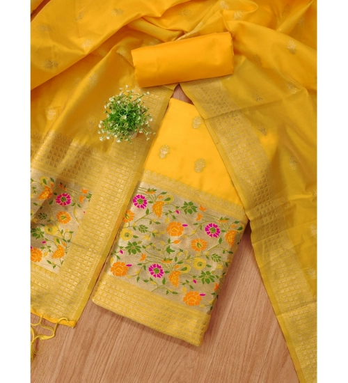Women's Banarasi Silk Printed Unstitched Salwar Suit Material With Dupatta (Yellow, 3Mtrs) Women's Banarasi Silk Printed Unstitched Salwar Suit Material With Dupatta (Yellow, 3Mtrs)